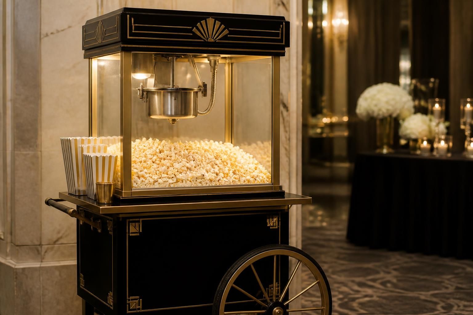 1920s-inspired popcorn cart with art deco accents.