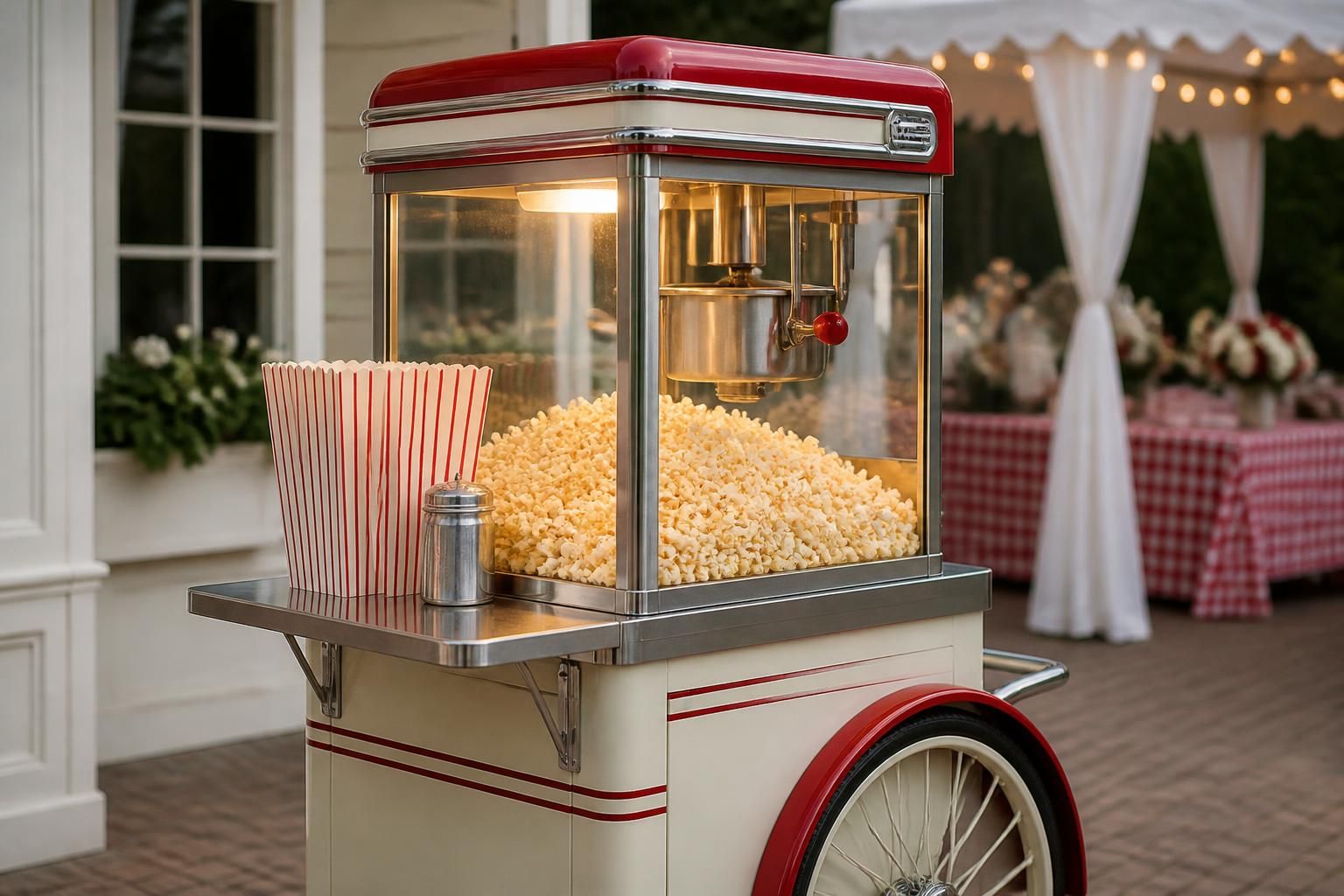 1950s-inspired popcorn cart with retro diner-style details.