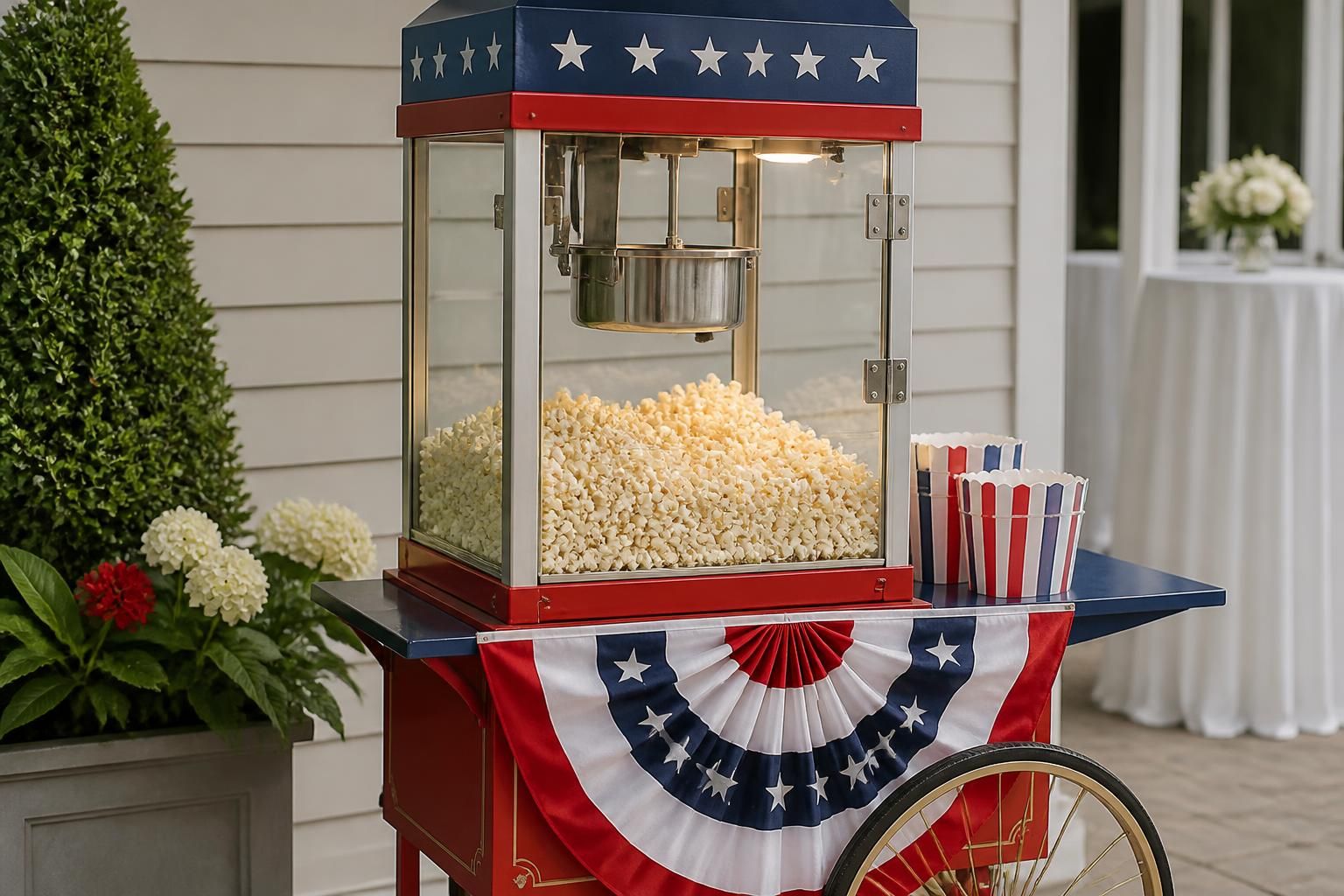 Americana style popcorn cart with red, white, and blue accents.