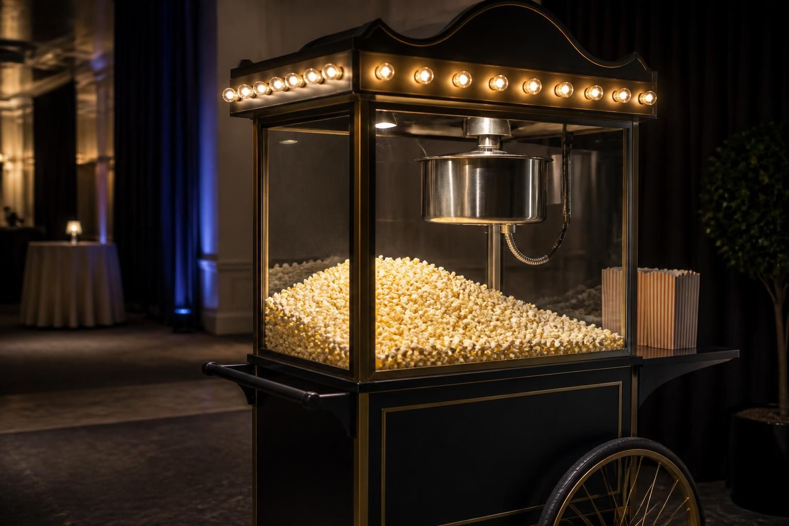 Cinema style popcorn cart with classic marquee-inspired details.