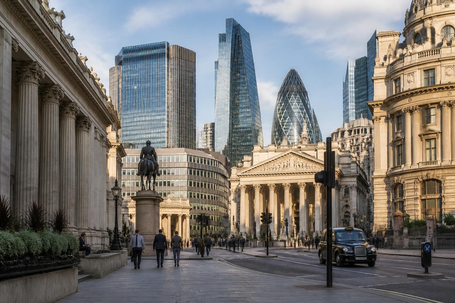 City of London streets with modern towers and stone buildings.