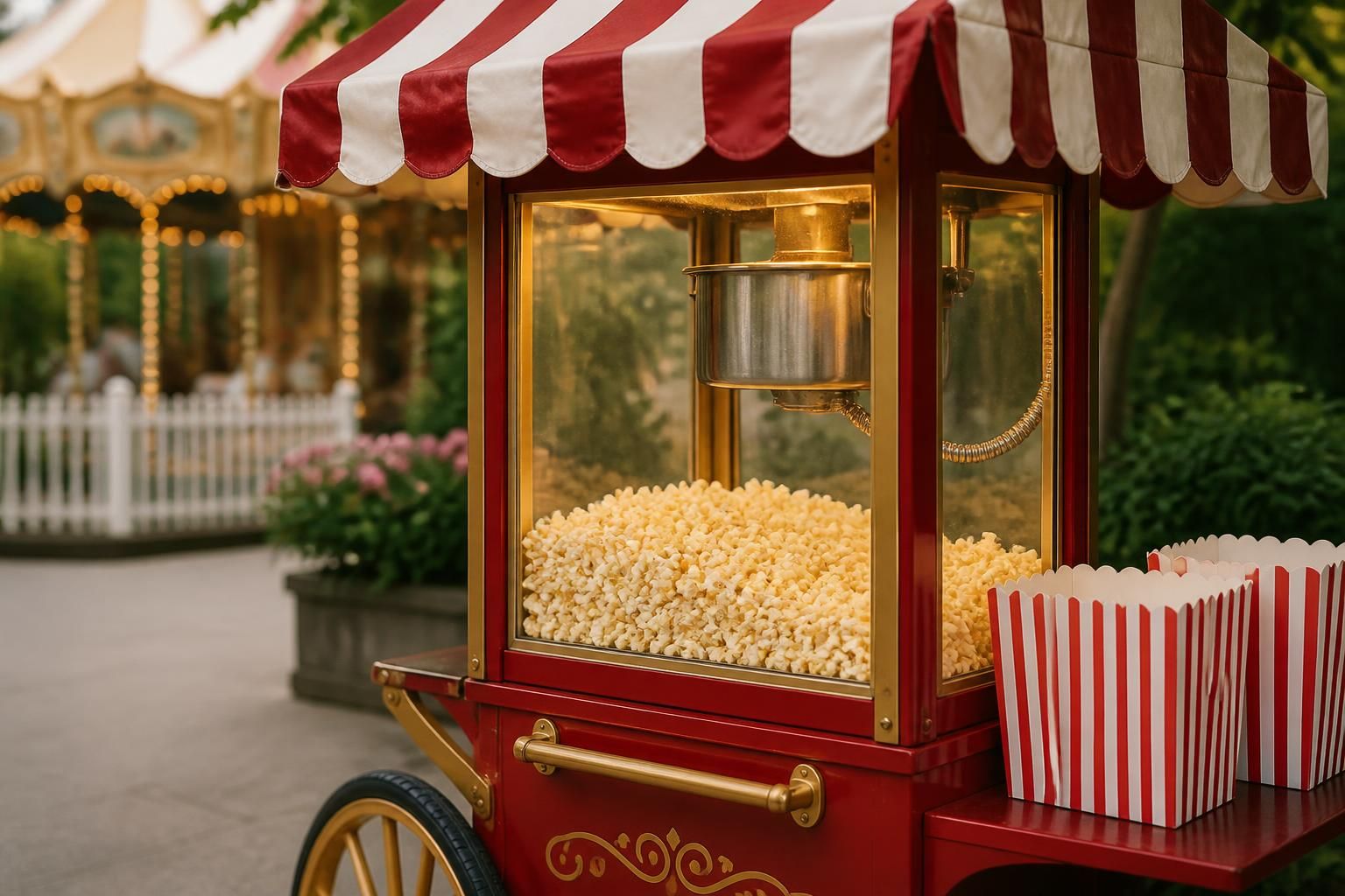 Classic fairground popcorn cart with nostalgic striped details.