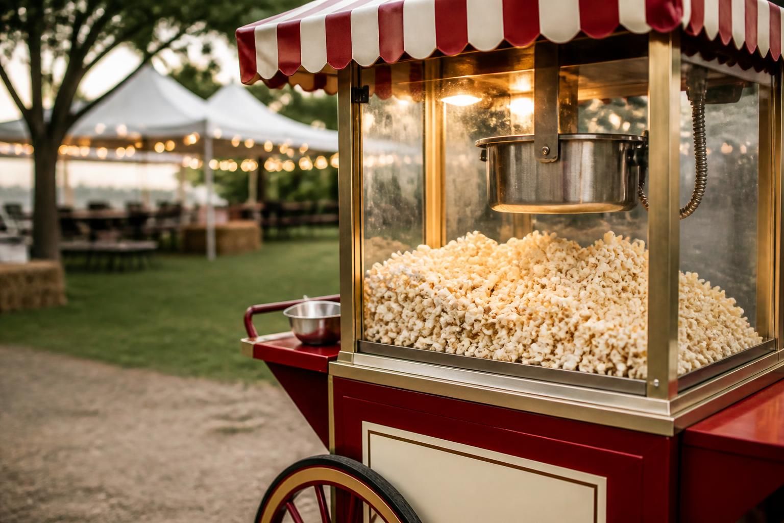 Festival style popcorn cart in a lively outdoor event setting.