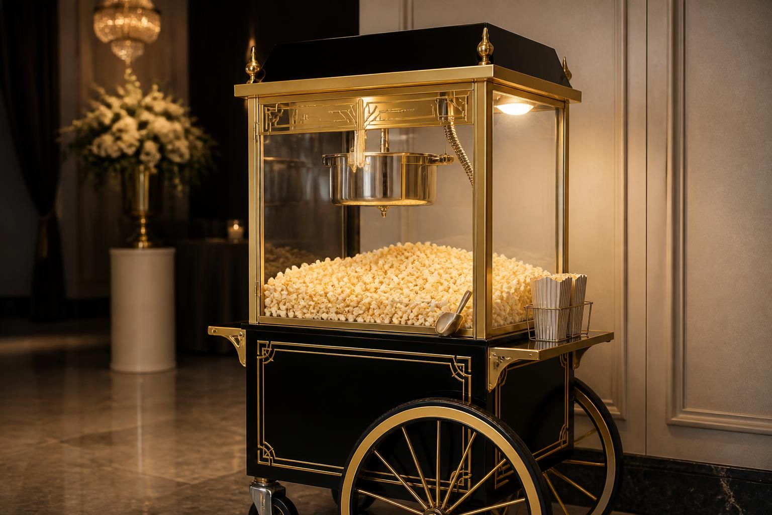 Hollywood-inspired popcorn cart with glamorous gold detailing.