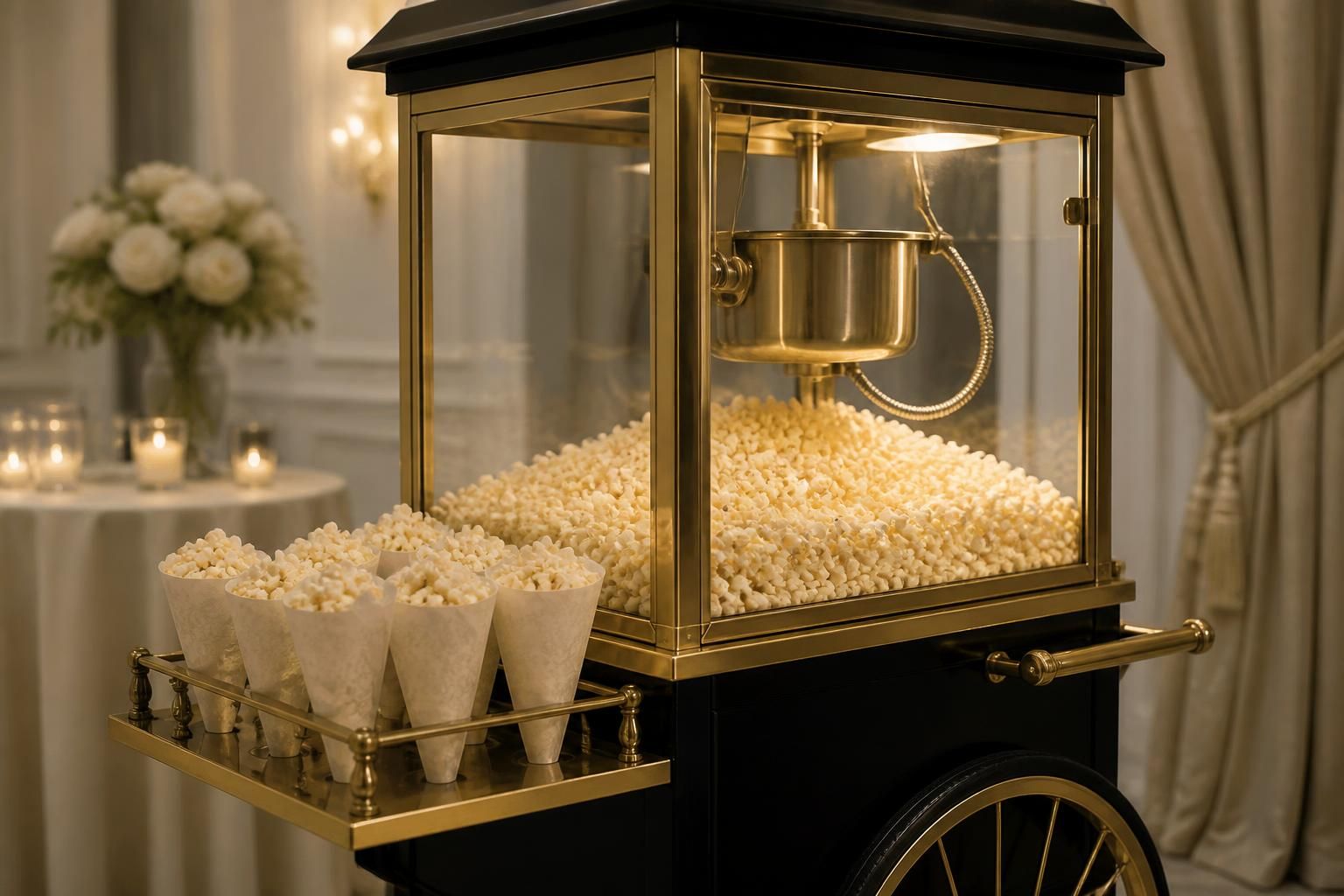 Luxury vintage popcorn cart with refined brass finishes.