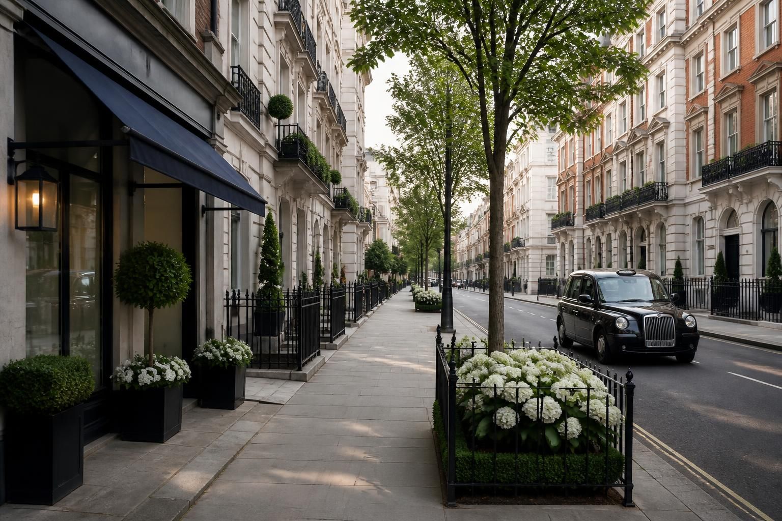 Refined Mayfair street with elegant townhouses.
