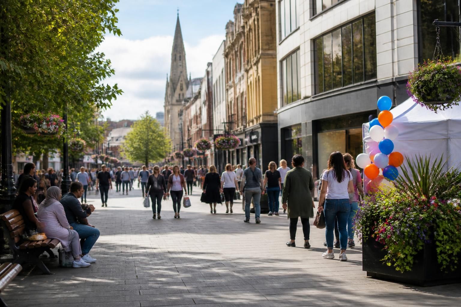 Reading town centre with tidy streets and modern shops.