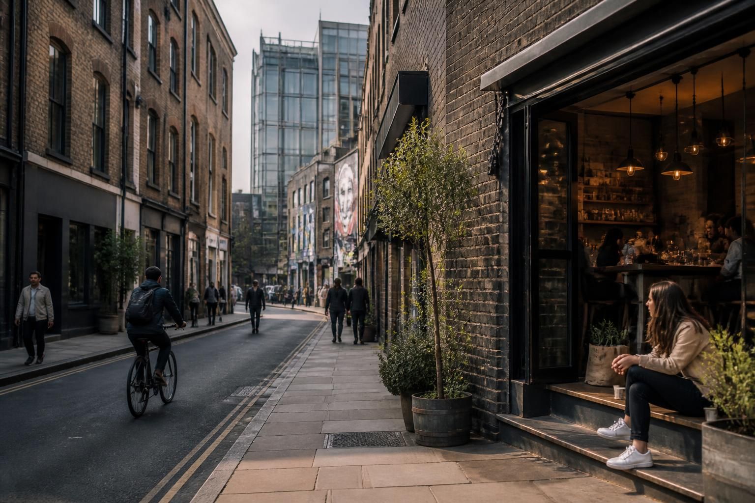 Shoreditch street with creative brick façades and urban character.