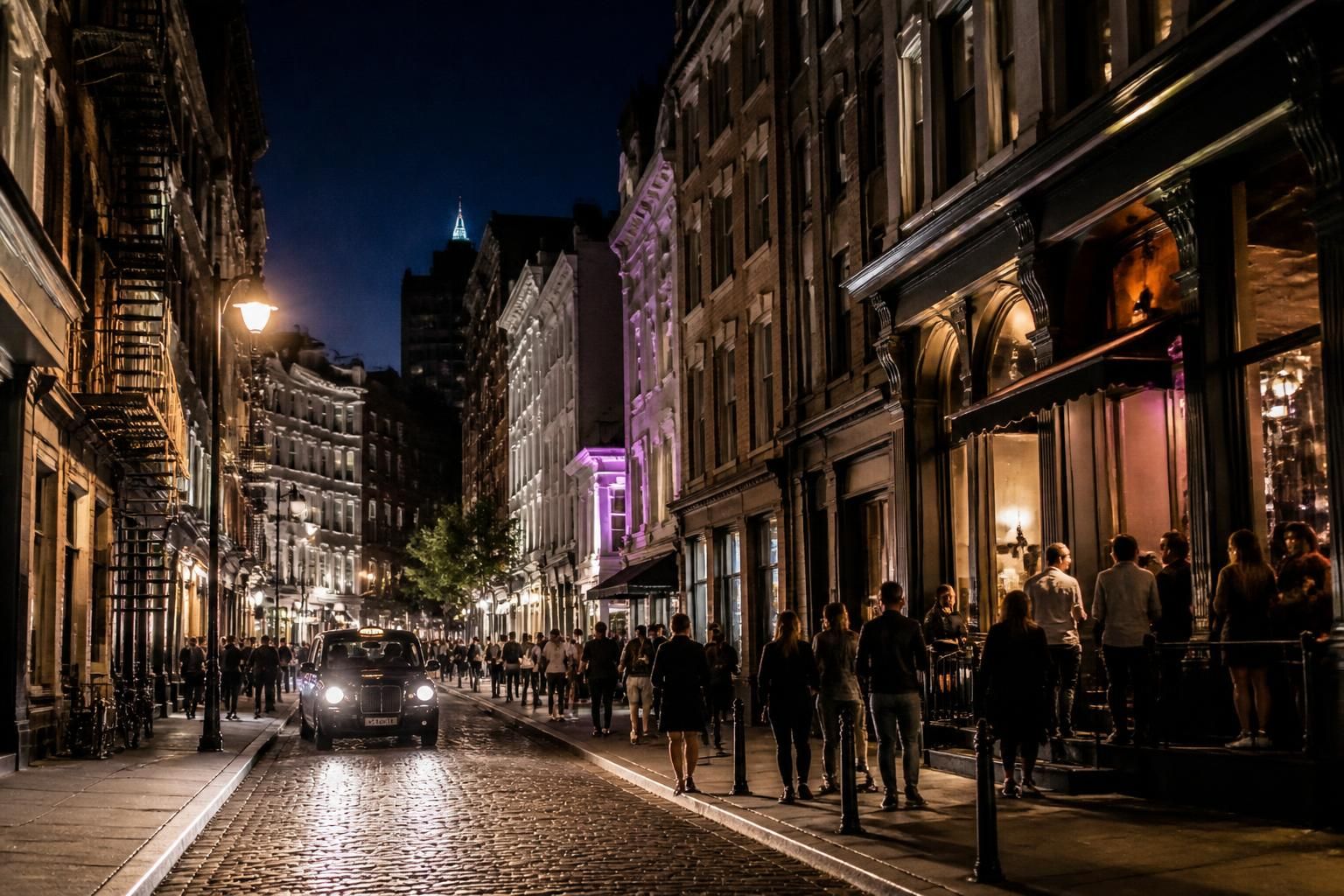 Welcoming Soho streetscape with historic façades.