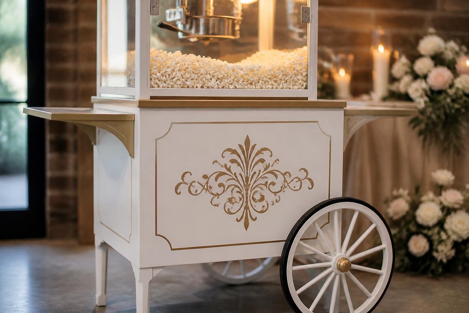 Custom branded popcorn cart facade in a finished event setup.
