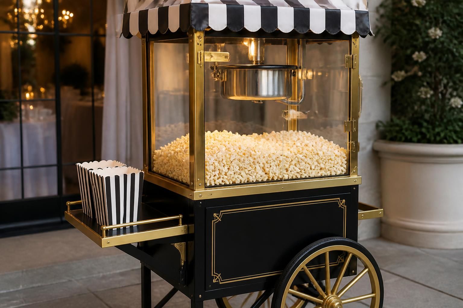 Finished vintage popcorn cart with brass trim and canopy.