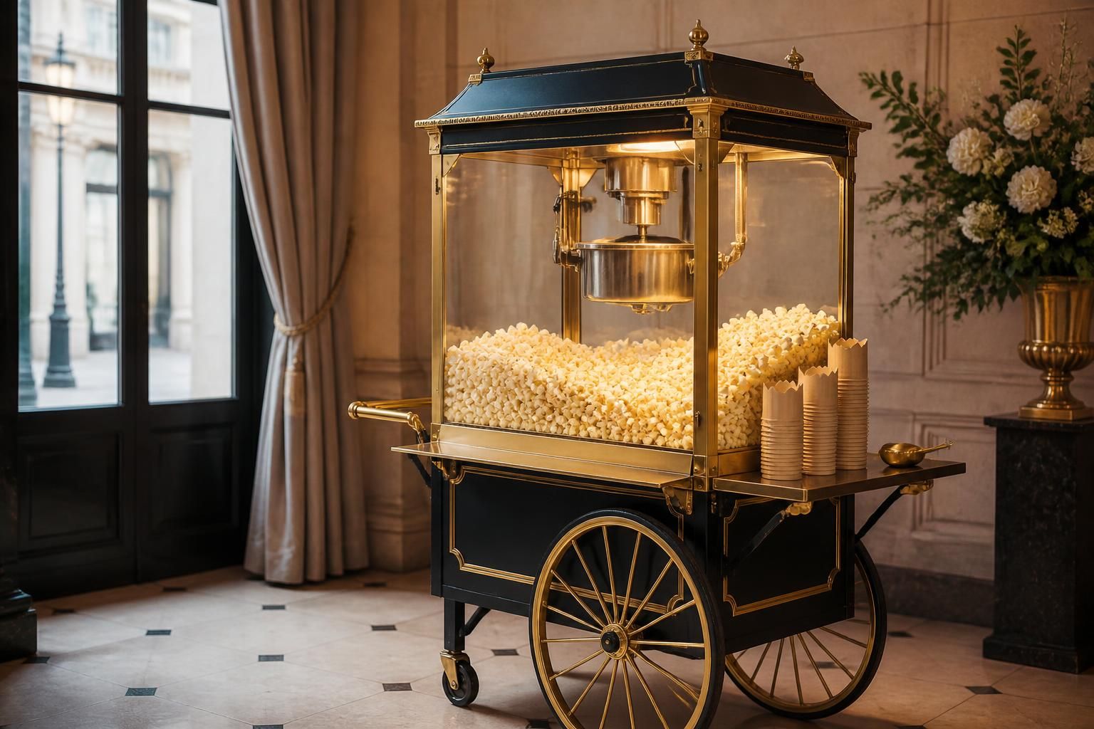 Vintage popcorn cart displayed in an elegant London venue.
